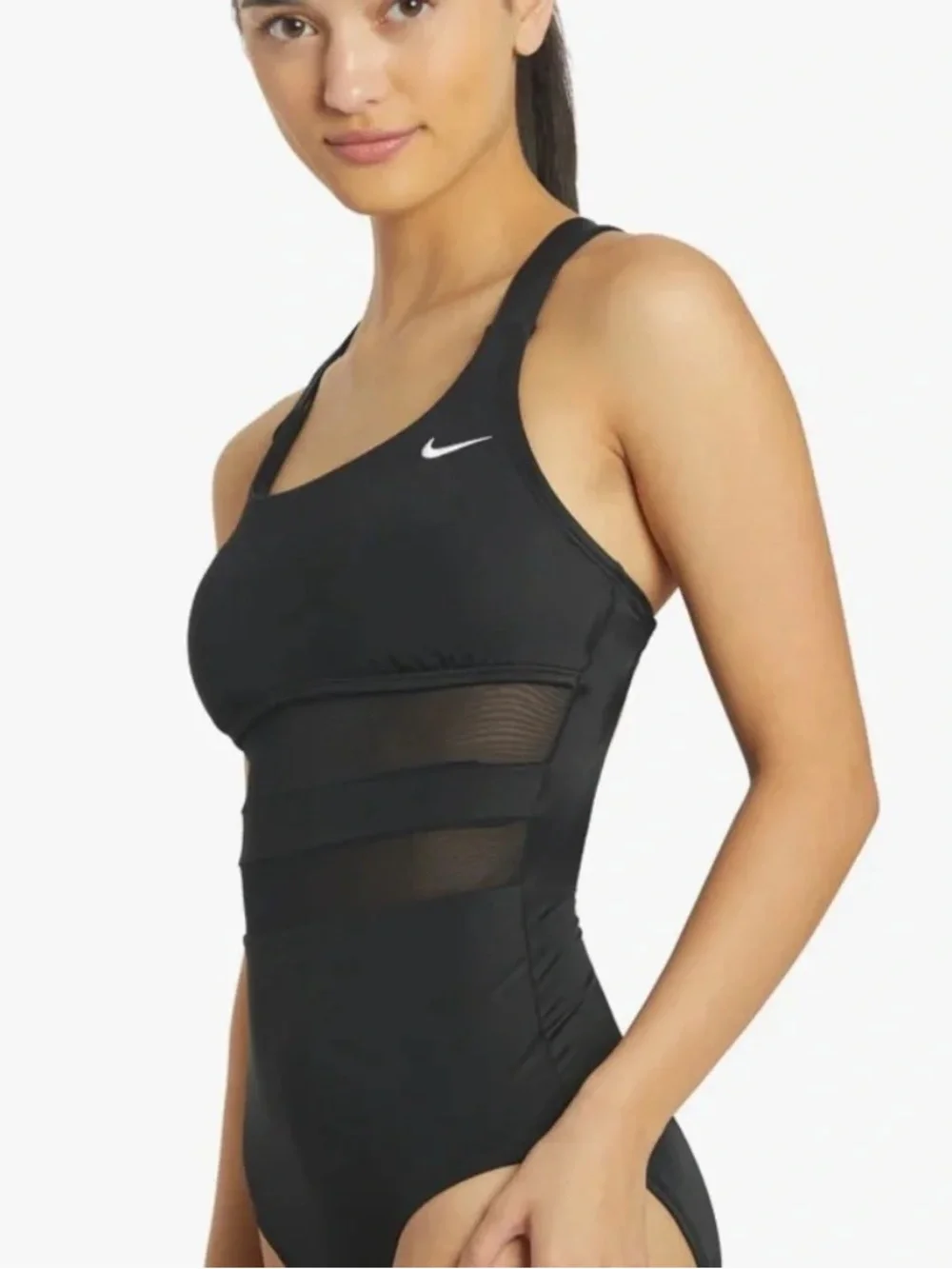 Nike one piece swimsuit black mesh v back swim suit women’s L large bathing suit